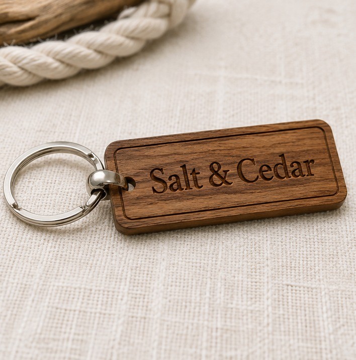 Personalized boat name bar keychain engraved in teak