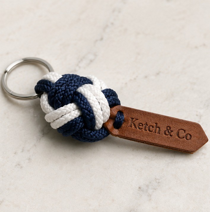 Nautical rope and wood disc custom boat keychain