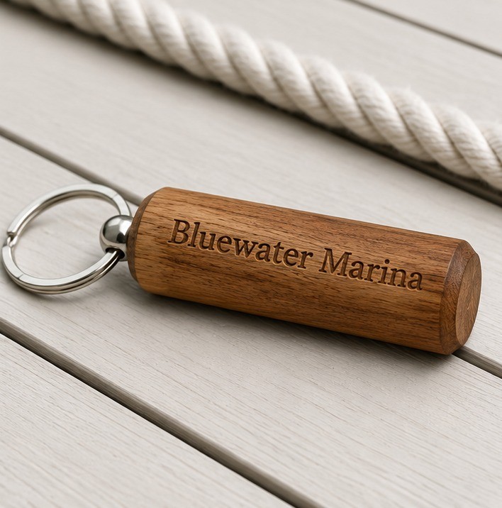 Floating teak boat keychain laser-engraved with a marina logo