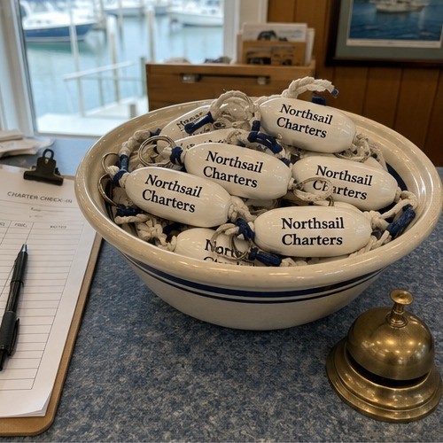 Floating wood keychains for a boat charter and rental fleet