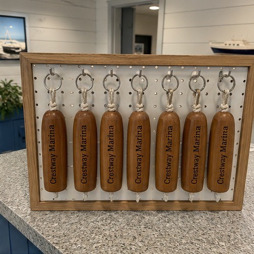 Custom floating boat keychain as a new-boat handover gift at a dealership