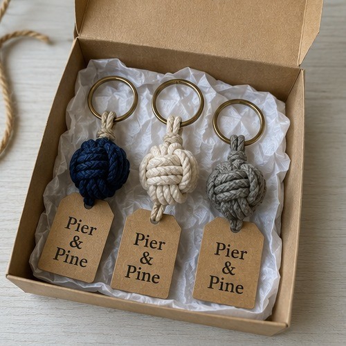 Engraved wood anchor keychains as nautical wedding and corporate gifts