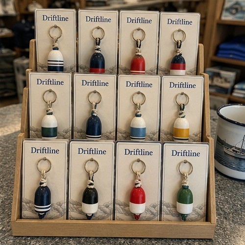 Custom wood boat keychains for a marine retail and ship store display